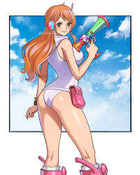 Rule 34 | 1girl, ass, bare shoulders, belt bag, blue sky, blush, boots, border, bracelet, breasts, brown eyes, closed mouth, cloud, cloudy sky, commentary request, egghead island, feet out of frame, from behind, gun, hand up, headphones, highres, holding, holding gun, holding weapon, hooded leotard, jewelry, knee boots, large breasts, leotard, log pose, long hair, looking at viewer, looking back, looking to the side, nami (one piece), nami (one piece) (egghead), nami (one piece) (post-timeskip), official alternate costume, one piece, orange hair, outside border, pink bag, pink footwear, pink headphones, science fiction, sky, smile, solo, thighs, twitter username, weapon, white border, white leotard, youkan (tako)