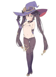 Rule 34 | 1girl, aqua eyes, arm behind back, black gloves, black hair, black legwear, blade (galaxist), blush, breasts, closed mouth, detached sleeves, earrings, genshin impact, gloves, hat, hat ornament, highleg, highleg panties, jewelry, looking at viewer, mage, micro bra, micro panties, mona (genshin impact), navel, panties, pantyhose, purple headwear, revealing clothes, small breasts, solo, standing, star (symbol), star earrings, thighlet, thong, twintails, underwear, witch hat, wizard hat