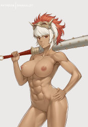 Rule 34 | 1girl, abs, breasts, censored, club, club (weapon), cowboy shot, dakkalot, dark-skinned female, dark skin, fire emblem, fire emblem fates, fire emblem heroes, grey background, holding, holding weapon, large breasts, mask, mask on head, mosaic censoring, muscular, muscular female, navel, nintendo, nipples, nude, oni, oni mask, patreon logo, patreon username, pussy, red eyes, rinkah (fire emblem), short hair, solo, spiked club, weapon, white hair