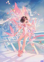 Rule 34 | 1girl, abstract, against railing, ahoge, artist name, atdan, bare arms, bare legs, bare shoulders, bird, blue sky, brown hair, bug, butterfly, cloud, dress, feet, flower, full body, hand up, high heels, highres, industrial, insect, looking at viewer, open mouth, original, outdoors, pink footwear, railing, red eyes, sandals, short hair, sky, standing, stiletto heels, strapless, strapless dress, strappy heels, water, waves