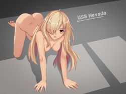 Rule 34 | 1girl, arm support, ass, azur lane, blonde hair, butt crack, character name, hair over one eye, highres, kneeling, long hair, nevada (azur lane), nipples, nude, on floor, pink lips, shadow, solo, the hermit, cowboy western, yellow eyes