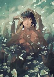 Rule 34 | 1girl, black hair, blue eyes, chainsaw man, cigarette, covering one eye, daisy, disembodied hand, flower, ghost devil (chainsaw man), highres, himeno (chainsaw man), leonardo vincent, looking at viewer, open mouth, partially submerged, petals, petals on liquid, short hair, smoke, smoking, solo, water