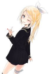 Rule 34 | 1girl, ;d, alternate hairstyle, bike shorts, black dress, black serafuku, black shorts, blonde hair, blue eyes, blue ribbon, blush, chain necklace, dress, earrings, fox shadow puppet, from behind, hair ornament, hair ribbon, hairclip, hand gesture, heart, highres, jewelry, kagamine rin, kojiki-life, leg ribbon, long hair, long sleeves, looking at viewer, looking back, necklace, one eye closed, open mouth, pleated dress, ribbon, sailor dress, school uniform, serafuku, shorts, shorts under dress, simple background, single earring, smile, solo, swept bangs, vocaloid, white background, white ribbon