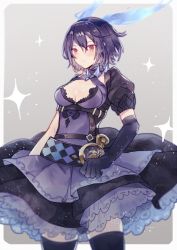 Rule 34 | 1girl, alice (sinoalice), blue dress, blue gloves, blue hair, blue thighhighs, blush, border, breasts, cleavage, closed mouth, dress, gloves, grey background, headband, itsia, looking at viewer, red eyes, short hair, short sleeves, single glove, sinoalice, solo, star (symbol), thighhighs, white border