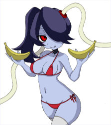 Rule 34 | 1girl, banana, bikini, blue skin, breasts, cleavage, colored skin, food, fruit, hair over one eye, leviathan (skullgirls), misaki naoe, red eyes, side ponytail, simple background, skullgirls, squigly (skullgirls), stitched mouth, stitches, swimsuit, thighhighs, zombie