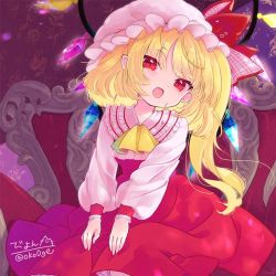 Rule 34 | 1girl, ascot, biyon, commission, crystal, flandre scarlet, hat, hat ribbon, long hair, long sleeves, looking at viewer, mob cap, one side up, open mouth, red eyes, red ribbon, ribbon, signature, skeb commission, solo, touhou, twitter username, white hat, wings, yellow ascot
