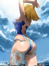 Rule 34 | 1girl, ahoge, android, arms up, ass, back, blonde hair, blue leotard, breasts, butt crack, cloud, cloudy sky, e11e, fiora (xenoblade), from behind, highleg, highleg leotard, highres, joints, large breasts, leotard, mecha-fiora, medium hair, robot joints, skindentation, sky, solo, strapless, strapless leotard, thick thighs, thighs, undersized clothes, water, wet, xenoblade chronicles (series), xenoblade chronicles 1