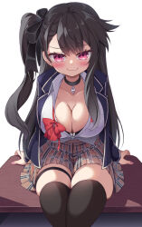 Rule 34 | 1girl, :3, alternate costume, azur lane, black bra, black thighhighs, bow, bow bra, bowtie, bra, bra peek, breasts, brown hair, cleavage, collared shirt, desk, facing viewer, jacket, large breasts, long hair, looking at viewer, mikage (shibi), on desk, one side up, open clothes, open jacket, pamiat merkuria (azur lane), partially unbuttoned, plaid, plaid skirt, pleated skirt, red bow, red bowtie, school uniform, shirt, sitting, on desk, skirt, smug, thigh strap, thighhighs, underwear, white background