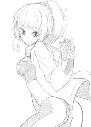 Rule 34 | 10s, 1girl, ass, bike shorts, breasts, crop top, greyscale, gundam, gundam build fighters, gundam build fighters try, hair tie, hoshino fumina, jacket, ken (koala), looking at viewer, monochrome, original, ponytail, simple background, smile, solo, tank top, white background