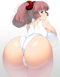 Rule 34 | 1girl, absurdres, ass, ass focus, blue eyes, breasts, closed eyes, cowboy shot, curvy, from behind, highres, huge ass, huge breasts, kouno (masao), large breasts, long hair, looking at viewer, looking back, medium hair, one-piece swimsuit, original, plump, profile, red hair, shiny skin, solo, standing, swimsuit, thick thighs, thighs, twintails, white background, white one-piece swimsuit, wide hips