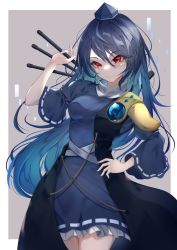 Rule 34 | 1girl, arm up, armor, black cloak, blue dress, blue hair, blue hat, boots, border, breasts, brooch, cloak, coat, commentary request, cowboy shot, dress, grey background, hand on own hip, hat, highres, holding tripod, iizunamaru megumu, jewelry, large breasts, lips, long hair, looking at viewer, pauldrons, petticoat, pointy ears, red eyes, scarf, shoulder armor, simple background, single pauldron, sleeveless, sleeveless coat, solo, standing, tokin hat, touhou, tripod, upper body, white border, white scarf, yamanakaume