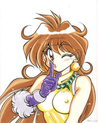 Rule 34 | 1990s (style), 1girl, araizumi rui, bare shoulders, breasts, covered erect nipples, earrings, finger to mouth, fur trim, gloves, halterneck, headband, jewelry, lina inverse, necklace, one eye closed, orange hair, red eyes, retro artstyle, shushing, slayers, solo, upper body, wink
