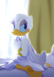Rule 34 | 1girl, backlighting, bangle, barefoot, beak, bed sheet, bird legs, bird tail, black eyes, blanket, blue sclera, blurry, blurry background, body fur, bracelet, closed mouth, colored sclera, completely nude, curtains, daisy duck, day, disney, duck girl, eyelashes, eyeshadow, female focus, from behind, full body, furry, furry female, gold, gold bracelet, half-closed eyes, hand up, happy, highres, holding, holding blanket, indoors, jewelry, looking at viewer, looking back, makeup, nude, oira wa arumajiro, pillow, purple eyeshadow, sitting, smile, solo, tail, wariza, white fur