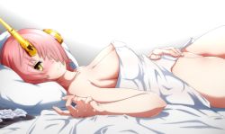 Rule 34 | 1girl, blush, breasts, cleavage, fate/apocrypha, fate (series), frankenstein&#039;s monster (fate), hair over crotch, horns, looking at viewer, lying, medium breasts, mrtakenoko, nude, on back, on bed, pink hair, pov across bed, shiny skin, short hair, single horn, smile, solo, under covers, yellow eyes