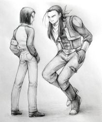 Rule 34 | 2boys, android, android 17, bandana, bare shoulders, black hair, boots, dark persona, denim, dragon ball, dragon ball gt, dragon ball super, earrings, expressionless, full body, gloves, greyscale, hair slicked back, highres, jeans, jewelry, long hair, long sleeves, male focus, medium hair, monochrome, multiple boys, neckerchief, open mouth, pants, red ribbon, red ribbon army, ribbon, shirt, short hair, super 17, super android 17, user pkav2242, vest