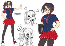 Rule 34 | &gt;:(, + +, 1girl, armband, black hair, blue shirt, blush, character sheet, frown, glasses, headphones, headset, indonesian text, internet positif, ipo-chan, necktie, original, pantyhose, personification, plus sign, red eyes, red skirt, rouzille, shirt, shoes, side ponytail, simple background, skirt, sneakers, spring roll circle, striped necktie, striped neckwear, symbol-shaped pupils, tears, v-shaped eyebrows