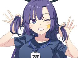 Rule 34 | 1girl, blue archive, blue eyes, blue shirt, blush, breasts, bunching hair, commentary, grin, hair between eyes, halo, highres, id card, lanyard, long hair, looking at viewer, medium breasts, momomatang, one eye closed, purple hair, shirt, short sleeves, simple background, smile, solo, star (symbol), star sticker, sticker, sticker on face, upper body, white background, yuuka (blue archive), yuuka (track) (blue archive)