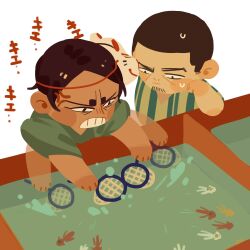 Rule 34 | 2boys, afterimage, anger vein, black eyes, brown hair, chengongzi123, clenched teeth, closed mouth, constricted pupils, dark-skinned male, dark skin, deformed, facial hair, fish, fishing net, fox mask, frustrated, goatee, golden kamuy, green kimono, hand up, hands up, head rest, highres, holding, japanese clothes, kimono, koito otonoshin, long sleeves, looking at animal, looking at another, mask, mask on head, multiple boys, short hair, simple background, splashing, summer festival, teeth, tsukishima hajime, upper body, very short hair, water, white background, wide sleeves, yukata