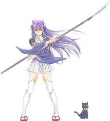 Rule 34 | 1girl, 3.1-tan, bow, cat, dos, dos cat, full body, hair bow, light purple hair, long hair, looking at viewer, miniskirt, os-tan, pleated skirt, purple bow, sandals, satou atsuki, simple background, skirt, solo, standing, sword, tagme, thighhighs, weapon, white background, white skirt, white thighhighs, wide sleeves, zettai ryouiki, zouri