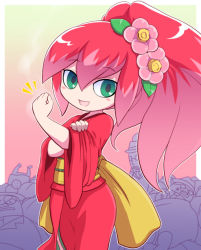 Rule 34 | 1girl, :d, blush, blush stickers, bras d&#039;honneur, clenched hand, flower, green eyes, hair flower, hair ornament, hand on own arm, high ponytail, japanese clothes, kimono, long hair, looking at viewer, multicolored hair, nollety, open mouth, parody, red hair, sleeves rolled up, smile, solo, tsubakihime (youkai watch), two-tone hair, we can do it!, youkai watch, youkai watch puni puni