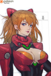 Rule 34 | 1girl, adapted costume, blue eyes, breasts, brown hair, cleavage, cleavage cutout, clothing cutout, earrings, eyeshadow, female focus, hairpods, jewelry, large breasts, lips, long hair, looking at viewer, makeup, neon genesis evangelion, nose, aged up, plugsuit, rebuild of evangelion, solo, souryuu asuka langley, twintails, upper body, zeronis