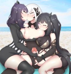 Rule 34 | 3girls, absurdres, architect (girls&#039; frontline), beach, blush, breasts, censored, closed eyes, futa with female, futanari, gager (girls&#039; frontline), girls&#039; frontline, handjob, highres, kiss, mosaic censoring, multiple girls, no testicles, one eye closed, penis, penis grab, physisyoon, pussy