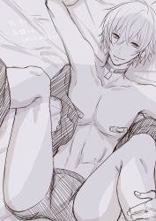 Rule 34 | 1boy, akaito, bandaid, bandaids on nipples, blouse, boxer briefs, bulge, choker, collarbone, greyscale, highres, kaito (vocaloid), looking at viewer, lying, male focus, male underwear, monochrome, navel, off shoulder, on back, open clothes, open shirt, pasties, scar, shirt, smirk, solo, star (symbol), toro (tsunatan02), underwear, vocaloid
