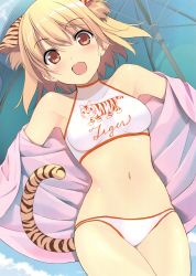 Rule 34 | 1girl, :d, absurdres, animal ears, armpits, bare shoulders, bikini, blonde hair, blush, breasts, cloud, collarbone, cowboy shot, day, fumio (ura fmo), halterneck, highres, jacket, looking at viewer, medium breasts, navel, off shoulder, open clothes, open jacket, open mouth, orange eyes, pink jacket, scan, short hair, smile, solo, swimsuit, tail, tiger ears, tiger girl, tiger tail, toranoana, umbrella, white bikini