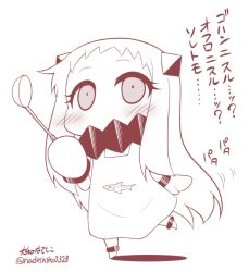 Rule 34 | 10s, 1girl, abyssal ship, apron, blush, comic, commentary request, contemporary, covered mouth, holding, horns, kantai collection, ladle, leg up, long hair, looking at viewer, mittens, monochrome, northern ocean princess, shark, shinkon santaku, solo, standing, standing on one leg, translation request, yamato nadeshiko