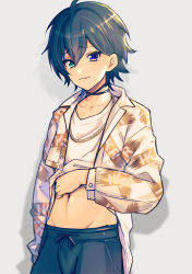 Rule 34 | 1boy, :3, bad id, bad pixiv id, black hair, blue eyes, chain necklace, choker, clothes lift, collarbone, green eyes, hair between eyes, hypnosis mic, jacket, jewelry, looking at viewer, male focus, midriff, navel, necklace, shirt lift, simple background, solo, white background, yamada saburo, yoruhachi