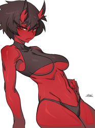 Rule 34 | 1girl, :/, black hair, breasts, closed mouth, colored skin, commentary, cowboy shot, english commentary, fingernails, horns, kidouko (zakusi), looking at viewer, navel, oni, oni horns, orange eyes, original, red oni, red skin, short hair, signature, simple background, slit pupils, solo, toned, underboob, white background, zakusi