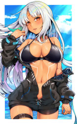 Rule 34 | 1girl, azur lane, bare shoulders, bikini, bikini top only, black bikini, black choker, black jacket, blue sky, blush, body markings, breasts, buckle, choker, cleavage, cloud, collarbone, commentary, cowboy shot, dark-skinned female, dark skin, day, facial mark, feather hair ornament, feathers, floating hair, forehead mark, hair ornament, hand up, highres, jacket, large breasts, long hair, looking at viewer, massachusetts (azur lane), multicolored hair, navel, ocean, off shoulder, parted bangs, parted lips, partially unzipped, red eyes, short shorts, shorts, sidelocks, silver hair, skindentation, sky, smile, snap-fit buckle, solo, standing, stomach, swimsuit, thigh strap, yami kumo, zipper, zipper pull tab