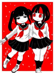 Rule 34 | 2girls, :3, black eyes, black hair, borrowed character, commentary request, fukuro (fxxk law), highres, limited palette, loafers, miniskirt, multicolored hair, multiple girls, original, pleated skirt, red background, red eyes, red hair, school uniform, serafuku, shoes, skirt, socks, star (symbol), two-tone hair, two side up