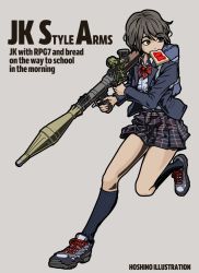 Rule 34 | 1girl, bag, black hair, black socks, bread slice, brown eyes, english text, food, food in mouth, full body, high-explosive anti-tank (warhead), holding, holding weapon, hoshino tatsuya, kneehighs, man-portable anti-tank systems, mouth hold, original, plaid, plaid skirt, pleated skirt, rocket-propelled grenade, rocket (projectile), rocket launcher, rpg, rpg-7, rpg (weapon), school bag, school uniform, shoes, short hair, simple background, skirt, sneakers, socks, solo, toast, toast in mouth, trigger discipline, weapon