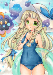 Rule 34 | 1girl, :o, blonde hair, blue ribbon, blue sky, blunt bangs, braid, breasts, collarbone, commentary request, covered navel, cowboy shot, creatures (company), day, game freak, green eyes, hair ribbon, hat, hat ribbon, himeon konon, innertube, lillie (pokemon), long hair, looking at viewer, low-tied long hair, lowres, marker (medium), nintendo, one-piece swimsuit, open mouth, outdoors, pokemon, pokemon (creature), pokemon sm, ribbon, school swimsuit, sky, small breasts, sparkle, standing, sun hat, swim ring, swimsuit, traditional media, twin braids, very long hair, white hat