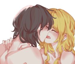 Rule 34 | 2girls, black hair, blonde hair, blush, claire francois, closed eyes, commentary, english commentary, french kiss, hands on another&#039;s shoulders, kiss, looking at another, medium hair, multiple girls, nude, open mouth, rae taylor, red eyes, saliva, selayiss, tongue, tongue out, upper body, watashi no oshi wa akuyaku reijou, yuri