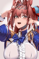 Rule 34 | 1girl, :d, animal ears, blue bow, blue bowtie, blush, bow, bowtie, breasts, brown eyes, brown hair, daiwa scarlet (umamusume), doko tetora, epaulettes, fang, hair bow, hair intakes, hands up, highres, horse ears, juliet sleeves, large breasts, long hair, long sleeves, looking at viewer, open mouth, puffy sleeves, red bow, shirt, simple background, smile, solo, sweat, umamusume, upper body, wet, wet clothes, wet shirt, white background