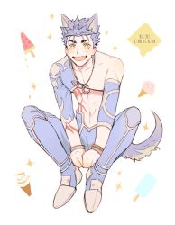 Rule 34 | 1boy, animal ears, blue hair, bodypaint, bracelet, crescent, crescent necklace, cu chulainn (fate), cu chulainn (fate/stay night), cu chulainn (second ascension) (fate), detached sleeves, dog ears, dog tail, earrings, fang, fate/grand order, fate (series), food, full body, ice cream, jewelry, leaning forward, male focus, mog pero, necklace, official alternate costume, open mouth, pants, popsicle, sitting, smile, solo, sparkle, sparkling eyes, spiked hair, strap, tail, topless male, type-moon, yellow eyes