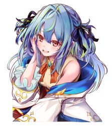 Rule 34 | 1girl, black ribbon, blue brooch, blue hair, blush, bow, bowtie, breasts, coat, commentary request, frilled sleeves, frills, futatsumuji, green hair, hair between eyes, hair intakes, hair ribbon, hand on own face, highres, long hair, long sleeves, looking at viewer, medium bangs, mole, mole under eye, multicolored hair, nanashi inc., open clothes, open coat, open mouth, orange bow, orange bowtie, pink eyes, ribbon, shirt, simple background, small breasts, smile, solo, striped clothes, striped shirt, suzumi nemo, suzumi nemo (1st costume), two-tone hair, two side up, upper body, vertical-striped clothes, vertical-striped shirt, virtual youtuber, white background, white coat