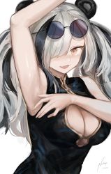 Rule 34 | 1girl, :d, animal ears, arknights, arm up, armpits, bare arms, bare shoulders, black dress, black hair, breasts, brown eyes, cleavage, cleavage cutout, clothing cutout, commentary, dress, feater (arknights), hair over one eye, highres, large breasts, long hair, looking at viewer, multicolored hair, nashidrop, open mouth, panda ears, presenting armpit, silver hair, simple background, sleeveless, sleeveless dress, smile, solo, streaked hair, twintails, upper body, white background