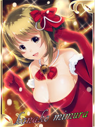 Rule 34 | 10s, 1girl, :d, bare shoulders, bell, neck bell, blush, breasts, brown eyes, brown hair, character name, cleavage, collar, collarbone, elbow gloves, gloves, idolmaster, idolmaster cinderella girls, large breasts, looking at viewer, mimura kanako, open mouth, red gloves, short hair, smile, solo, sparkle, yuuji (yukimimi)