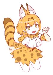 Rule 34 | 1girl, :d, an-chan (ananna0315), animal ear fluff, animal ears, bare shoulders, blonde hair, blush stickers, bow, bowtie, breasts, commentary request, cowboy shot, cropped legs, elbow gloves, fangs, gloves, highres, kemono friends, leaning forward, looking at viewer, medium breasts, open mouth, orange bow, orange bowtie, orange gloves, orange skirt, paw pose, serval (kemono friends), serval print, serval tail, shirt, short hair, simple background, sketch, skirt, sleeveless, sleeveless shirt, smile, solo, standing, tail, traditional bowtie, white background, white shirt, yellow eyes