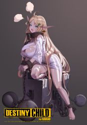 Rule 34 | 1girl, ahoge, angry, bare shoulders, barefoot, blonde hair, blue eyes, bound, bound ankles, bound wrists, breasts, chain, collar, covered erect nipples, cuffs, dark background, destiny child, dress, dryades (destiny child), fang, full body, hair ornament, highres, huge breasts, light, long hair, long sleeves, looking at viewer, metal collar, mole, mole under eye, mouse (animal), no bra, official art, open mouth, pointy ears, restrained, sitting, skin fang, solo, torn clothes, v-shaped eyebrows, very long hair, white dress, wrist cuffs, zig90
