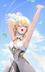 Rule 34 | 1girl, absurdres, armpits, arms up, bare arms, blonde hair, breasts, cleavage, day, dress, ekidona, flower, genshin impact, hair between eyes, hair flower, hair ornament, highres, lumine (genshin impact), medium breasts, one eye closed, open mouth, outdoors, short hair with long locks, sidelocks, solo, standing, white dress, white flower, yawning, yellow eyes
