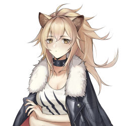 Rule 34 | 1girl, ahoge, animal ears, arknights, bilibilida, black choker, black jacket, blonde hair, breasts, chinese commentary, choker, cleavage, closed mouth, crossed arms, expressionless, floating hair, fur-trimmed jacket, fur trim, hair between eyes, highres, jacket, jacket on shoulders, leather, leather jacket, lion ears, long hair, looking at viewer, medium breasts, ponytail, siege (arknights), simple background, solo, studded choker, tank top, upper body, white background, white tank top, yellow eyes