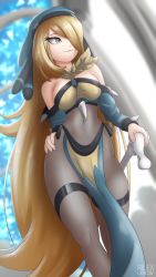 Rule 34 | 1girl, alternate costume, artist name, bare shoulders, black pantyhose, blonde hair, blue hat, bone, breasts, cane, cosplay, creatures (company), cynthia (pokemon), detached sleeves, dutch angle, female focus, game freak, gen 4 pokemon, grey eyes, hair over one eye, hand on own hip, hat, holding, indoors, large breasts, long hair, looking to the side, lucario, lucario (cosplay), navel, nintendo, off shoulder, pantyhose, pelvic curtain, pokemon, pokemon dppt, rilex lenov, see-through, skindentation, smile, solo, standing, strapless, text focus, thigh strap, tube top, very long hair, watermark