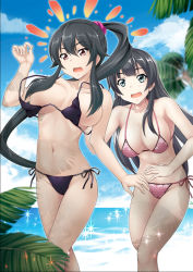 Rule 34 | 10s, 2girls, :d, agano (kancolle), bare shoulders, beach, bikini, black hair, breasts, brown eyes, cloud, collarbone, convenient censoring, day, fern, green eyes, green hair, hair between eyes, hair ornament, hair over breasts, hair scrunchie, kantai collection, large breasts, long hair, midriff, multiple girls, navel, open mouth, outdoors, palm tree, ponytail, sand, scrunchie, side-tie bikini bottom, sky, smile, surprised, swimsuit, tree, uninigumi, water, yahagi (kancolle)