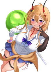 Rule 34 | 1girl, absurdres, azur lane, black gloves, blonde hair, breasts, brown cardigan, candy, cardigan, cardigan around waist, cleavage, clothes around waist, collarbone, collared shirt, cross hair ornament, dress shirt, elbow gloves, food, gloves, gyaru, hair ornament, highres, horns, kogal, kumano (azur lane), large breasts, lollipop, long hair, long sleeves, looking at viewer, miniskirt, purple eyes, shirt, simple background, single elbow glove, skirt, smile, solo, soul (dp11), thigh strap, white background, white shirt