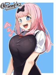 Rule 34 | 1girl, black bow, black dress, blue eyes, blunt bangs, blush, bow, bra visible through clothes, breasts, breasts squeezed together, check commentary, commentary request, dress, fujiwara chika, hair bow, kaguya-sama wa kokurasetai ~tensai-tachi no renai zunousen~, large breasts, long hair, neck ribbon, open mouth, pink hair, re:ankh (mrsz4523), red ribbon, ribbon, school uniform, simple background, solo