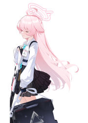 Rule 34 | 1girl, absurdres, black gloves, blue archive, blue necktie, blush, carrying bag, closed eyes, collared shirt, fingerless gloves, from side, gloves, gun, halo, hand up, happy, highres, holding, holding weapon, hoshino (blue archive), id card, long hair, long sleeves, medium skirt, necktie, pink hair, plaid, plaid skirt, pleated skirt, school uniform, shirt, shotgun, skirt, smile, solo, very long hair, weapon, white shirt, xintianou